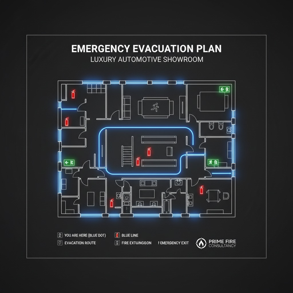 remium fire evacuation plan poster, square format, dark corporate style, black and anthracite background, illuminated architectural floor plan, glowing blue evacuation routes, red fire extinguisher symbols, green emergency exit signs, clean white wall outlines, modern engineering blueprint aesthetic, luxury automotive showroom design language, futuristic fire safety infographic, professional emergency evacuation map, high contrast, minimalistic layout, elegant typography, corporate branding, technical drawing, dark mode dashboard style, blue neon accents, premium safety documentation, ultra detailed, realistic vector illustration, symmetrical composition, modern business interior plan, high-end fire protection consultancy marketing image, 4k, sharp details